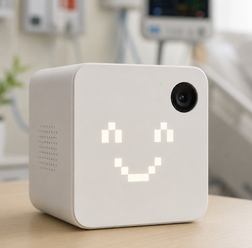 Concept render of a small white cube on a bedside table, its front showing a glowing pixel-art smile beside a round camera lens.