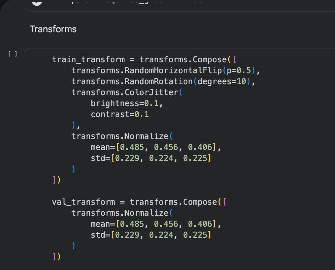 Dark-theme notebook cell defining PyTorch train and validation transforms: random flip, rotation, colour jitter and ImageNet normalisation.